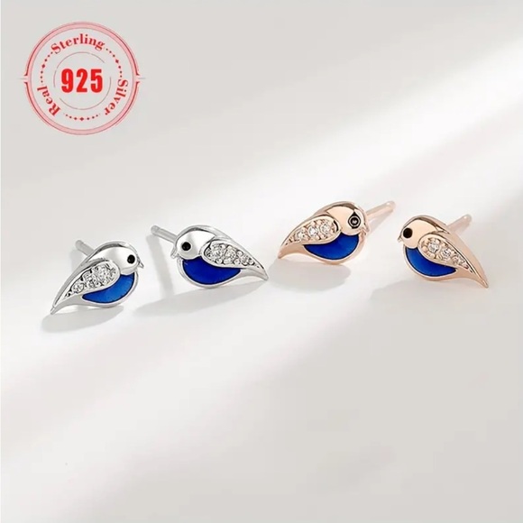 Sterling Silver Gold Bird Stud Earrings - Picture 2 of 3